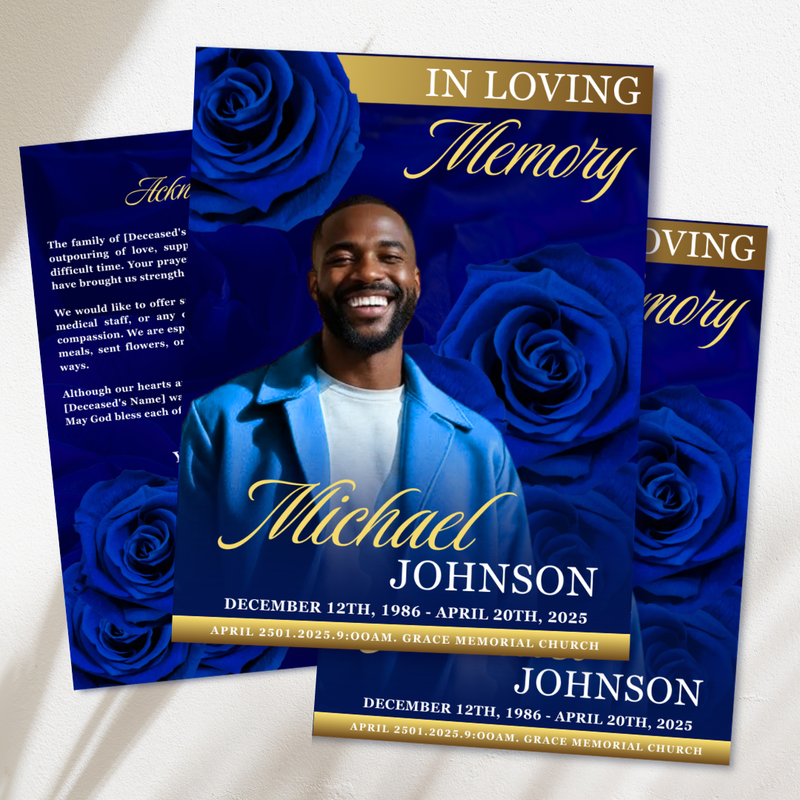 Blue & Gold Roses Funeral Program Template, Memorial Obituary (Canva Template)