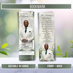 Green Flower & White Memorial Bookmark Template: Funeral Keepsake (Canva PDF)