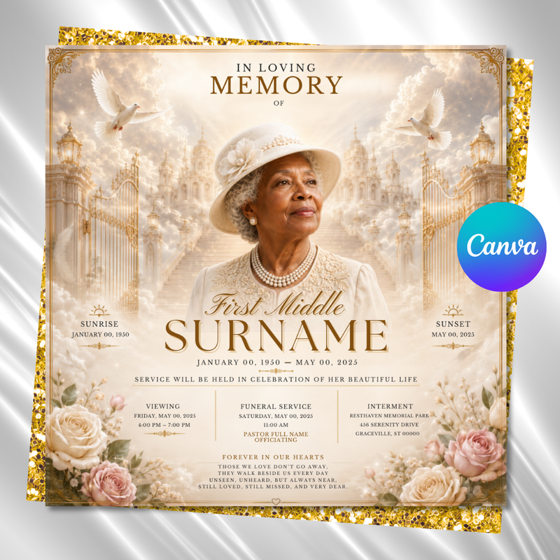 White Gold Funeral Announcement Flyer: Editable Canva Template (Digital Download)