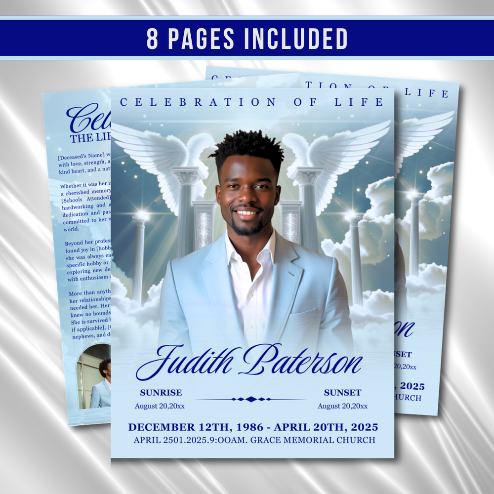 Light Blue Clouds Funeral Program Template: 8-Page Memorial (Canva Editable, Digital Download 17x11