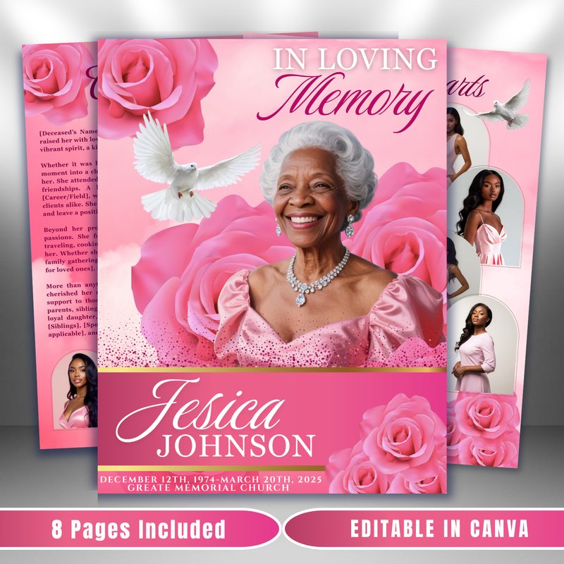 Pink Rose Funeral Program Template: 8-Page Memorial, Celebration of Life (Canva, PDF Download)