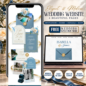Dusty Blue & Gold Wedding Website Template with RSVP | Editable Canva Wedding Website | Digital Wedding Invitation | Instant Download