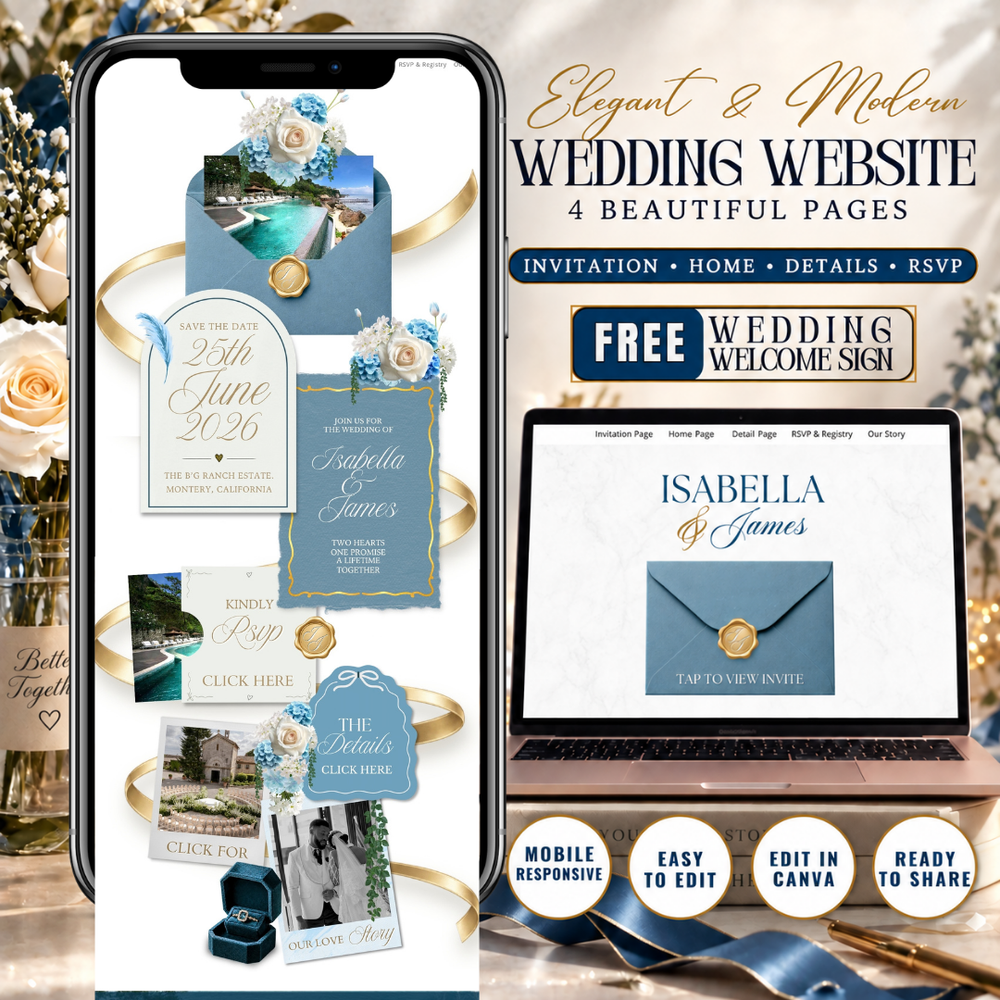 Dusty Blue & Gold Wedding Website Template with RSVP | Editable Canva Wedding Website | Digital Wedding Invitation | Instant Download