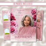 Pink Roses Funeral Program Template: 8-Page Memorial, Celebration of Life (Canva Template, PDF Download)