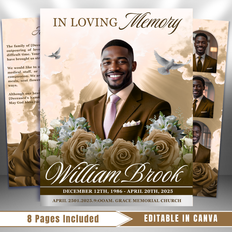 Brown Funeral Program Template: 8-Page Memorial, Celebration of Life (Canva, PDF Download)