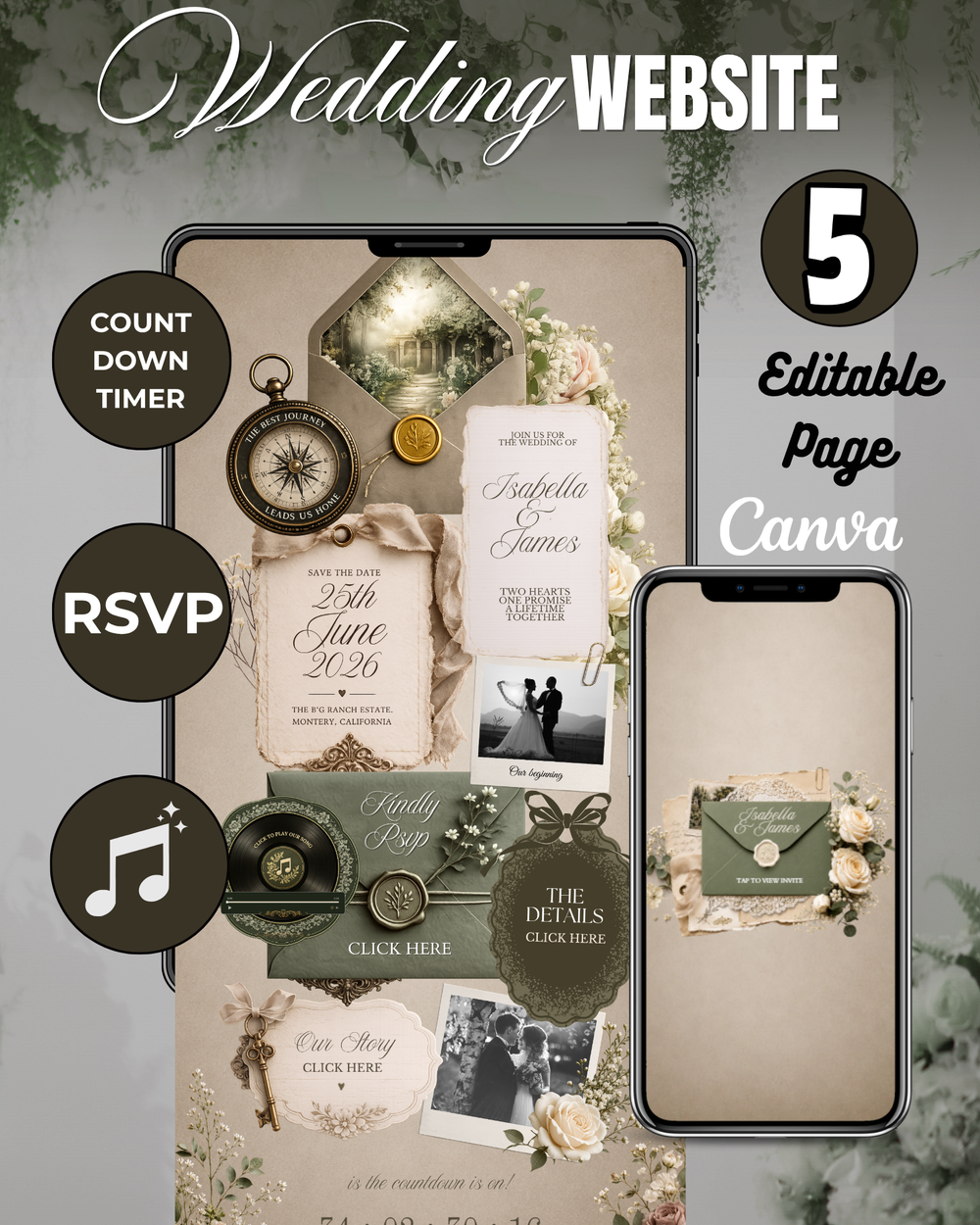 Green & White Floral Wedding Website Template with RSVP: Editable Canva Design (Digital Download)