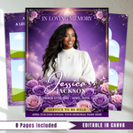 Purple Roses Funeral Program Template: 8-Page Memorial (Canva, PDF Download)