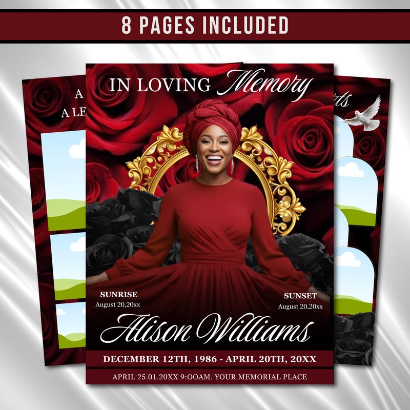Red & Black Roses Funeral Program Template: 8-Page Memorial (Canva PDF)