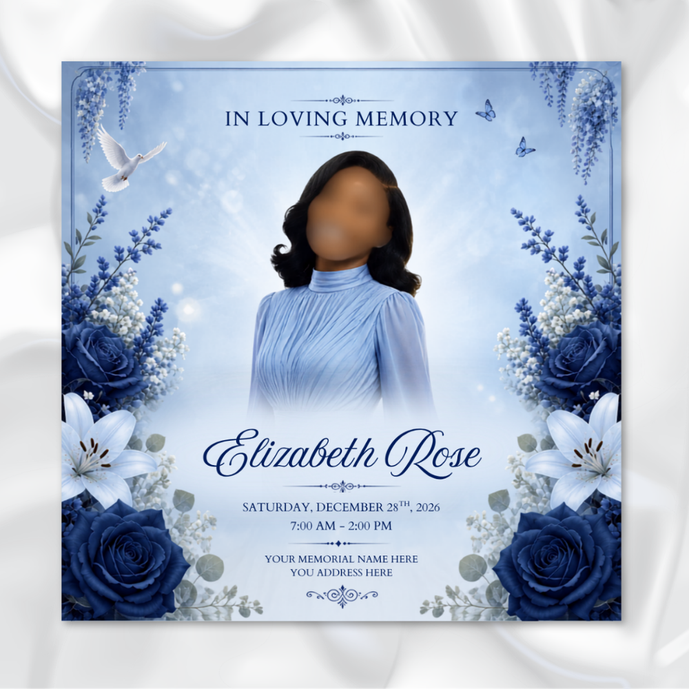 Blue Funeral Announcement Flyer: Celebration of Life (Canva Template, 8x8