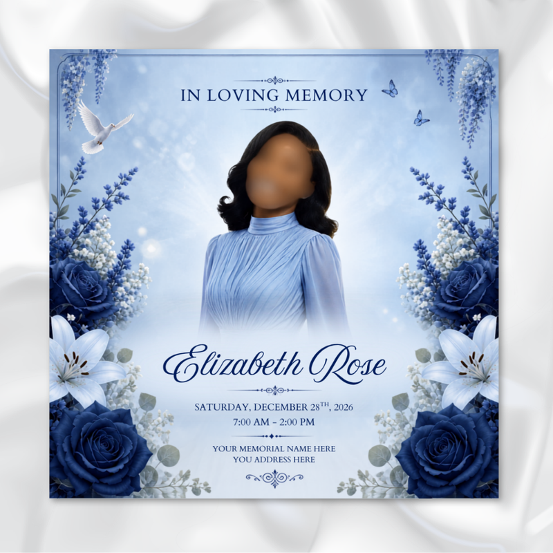 Blue Funeral Announcement Flyer: Celebration of Life (Canva Template, 8x8