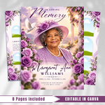 Purple Roses Funeral Program Template: 8-Page Memorial (Canva, PDF Download)