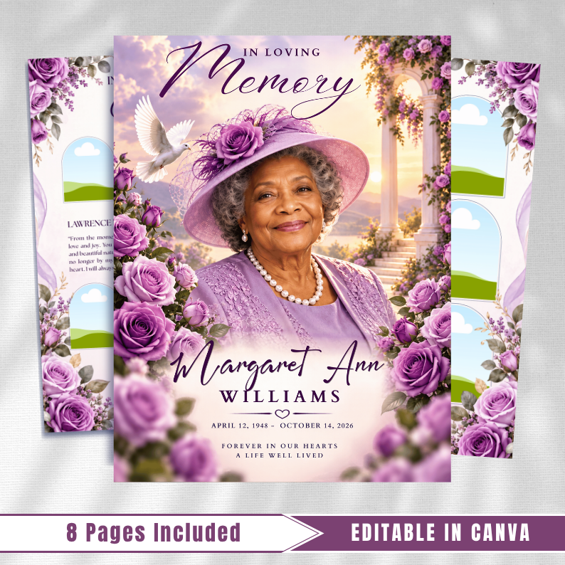 Purple Roses Funeral Program Template: 8-Page Memorial (Canva, PDF Download)