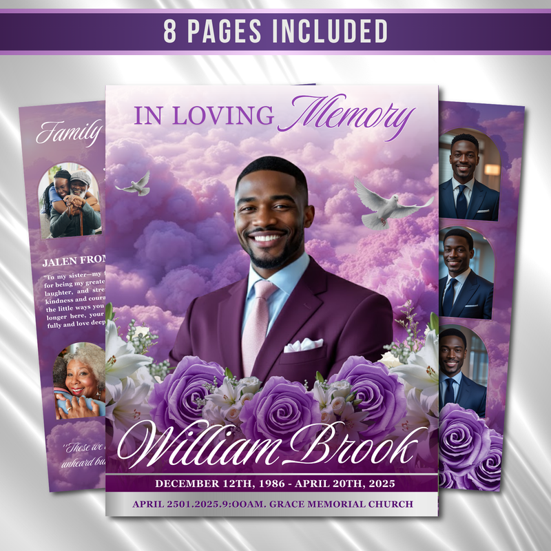 Purple Funeral Program Template: 8-Page Memorial, Celebration of Life (Canva, PDF Download)
