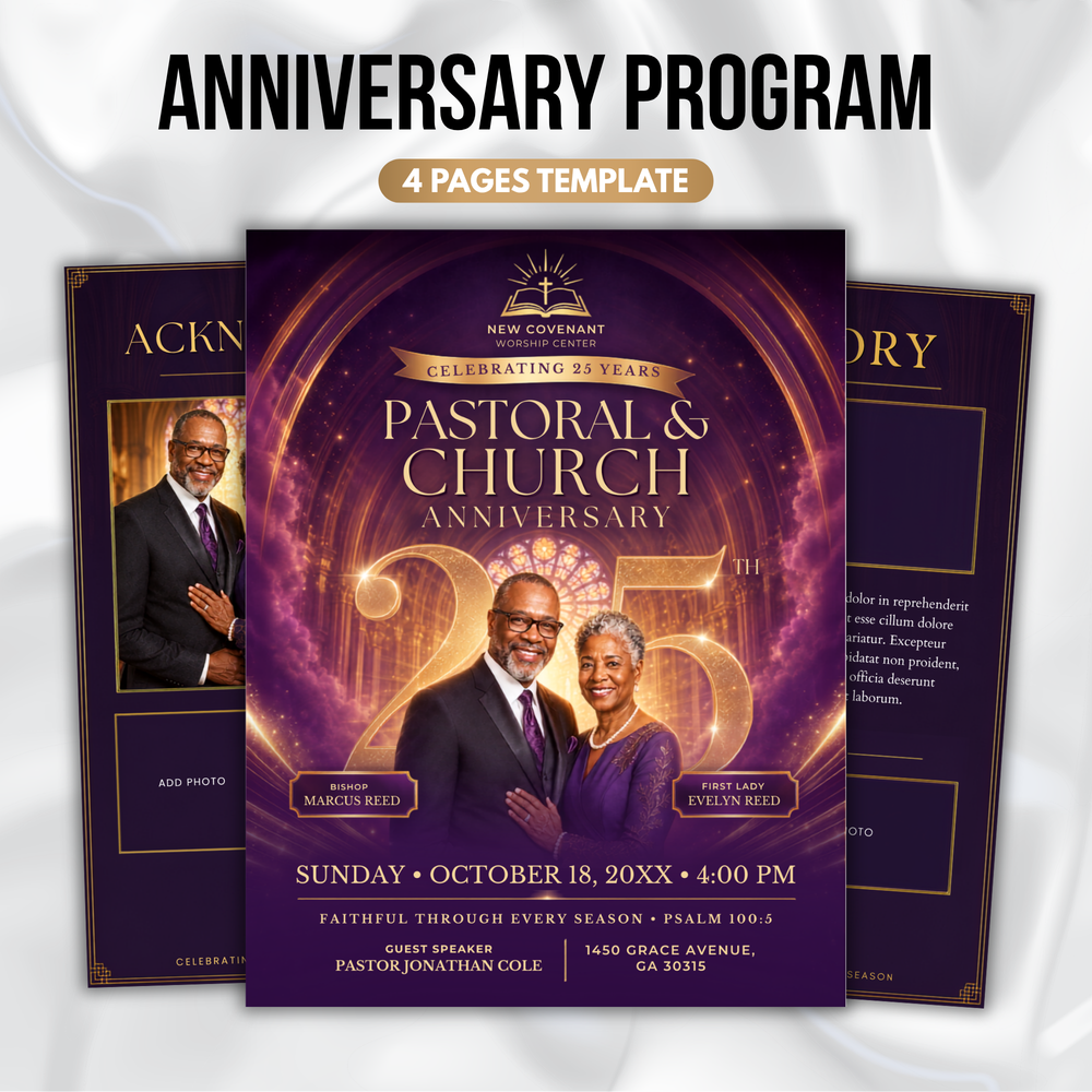 Purple Pastoral Anniversary Program Template, Pastor Appreciation, Church Anniversary, Church Services Program, Editable Canva, Church