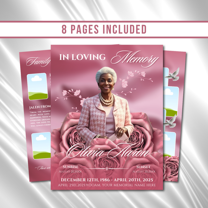 Pink Roses Funeral Program Template: 8-Page Memorial (Canva PDF)