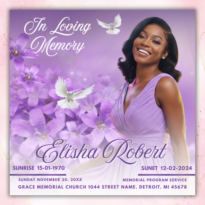 Purple Rose Funeral Announcement Flyer: Celebration of Life (Canva Template, Digital Download)