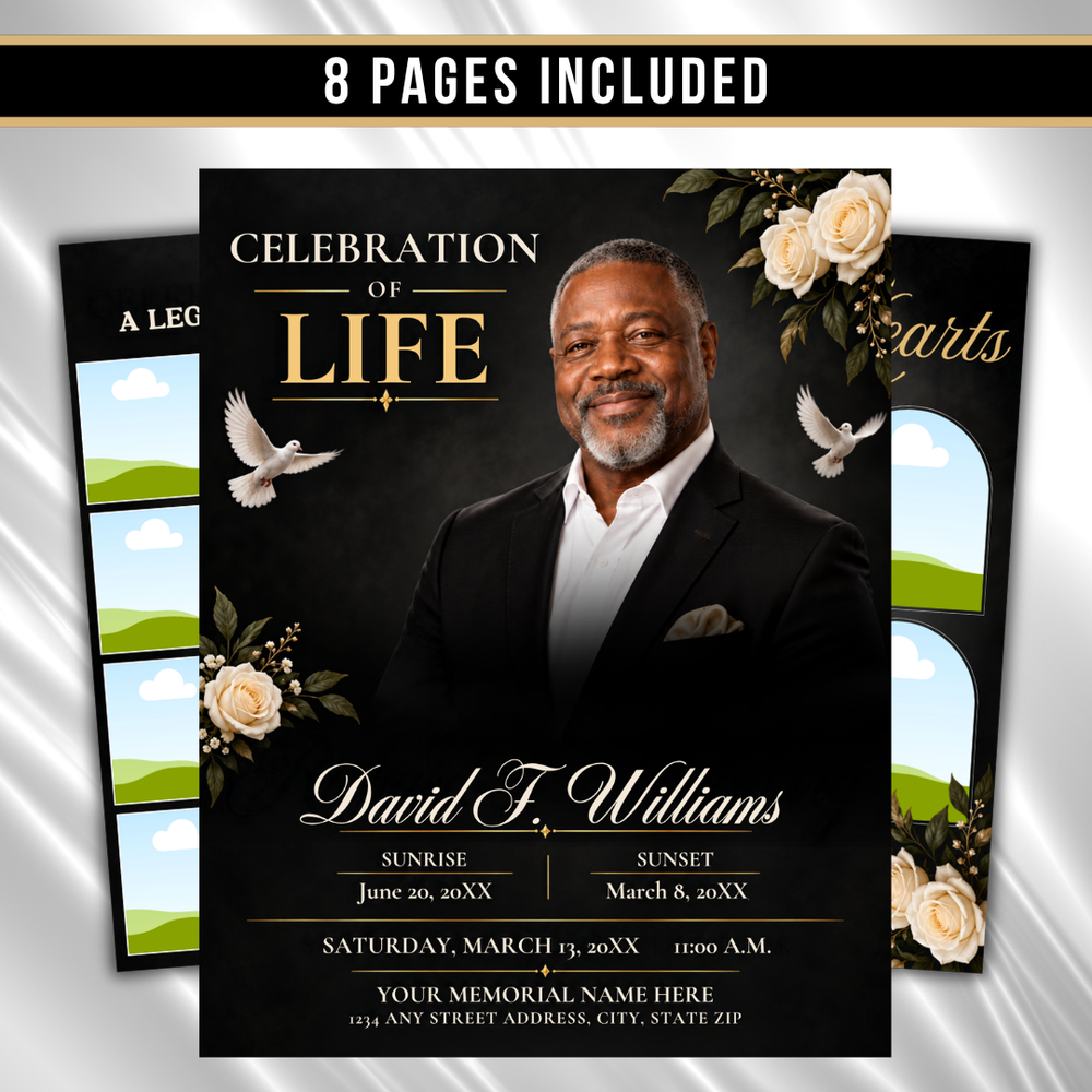 Black & Gold Roses Funeral Program Template: 8-Page Memorial (Canva PDF)
