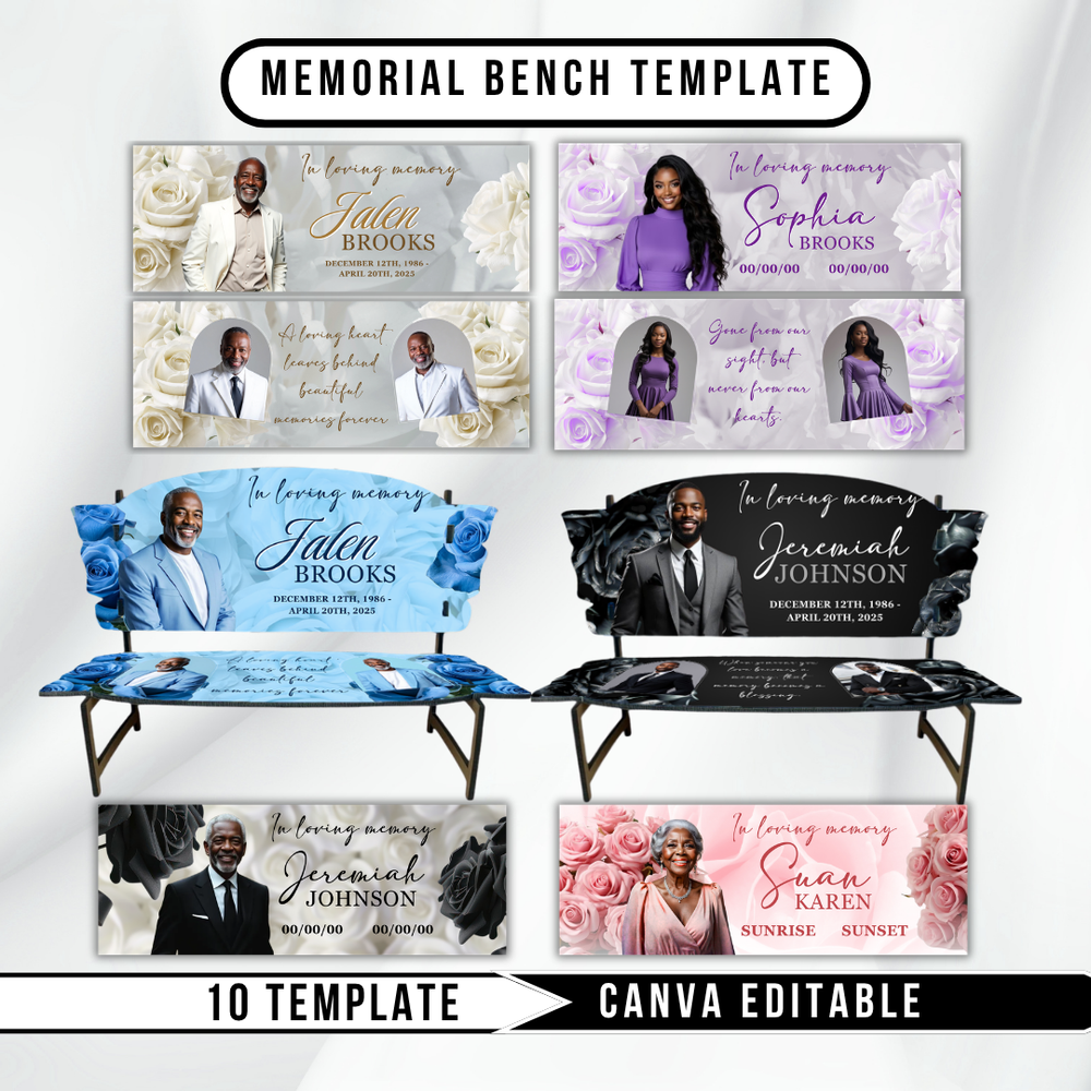 Memorial Bench 10 Canva Templates, Editable, Roses Design, Celebration of Life (PDF File)