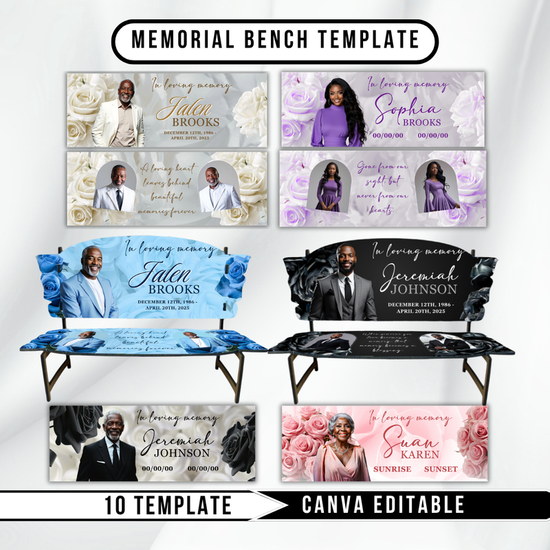 Memorial Bench 10 Canva Templates, Editable, Roses Design, Celebration of Life (PDF File)