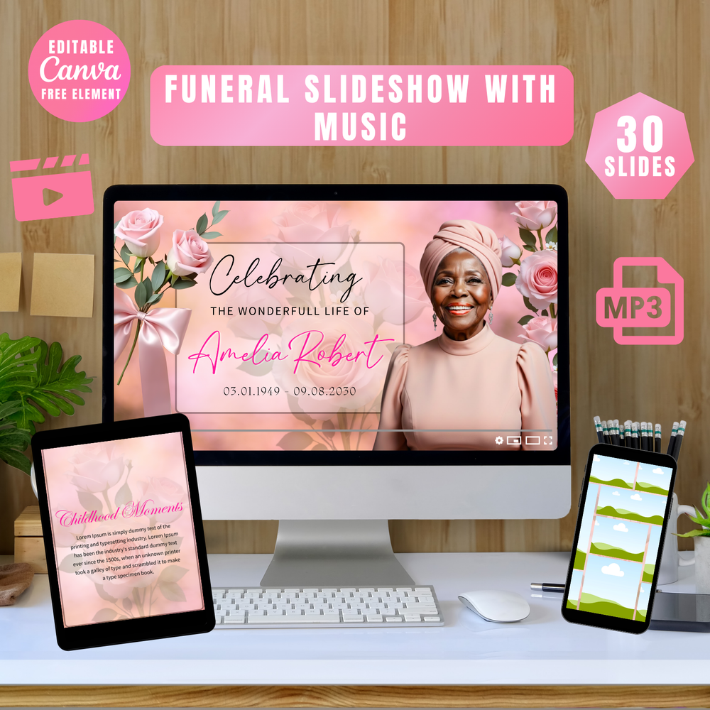 Pink Rose Funeral Slideshow Template, Celebration of Life (Canva, 30 Slides, MP4)