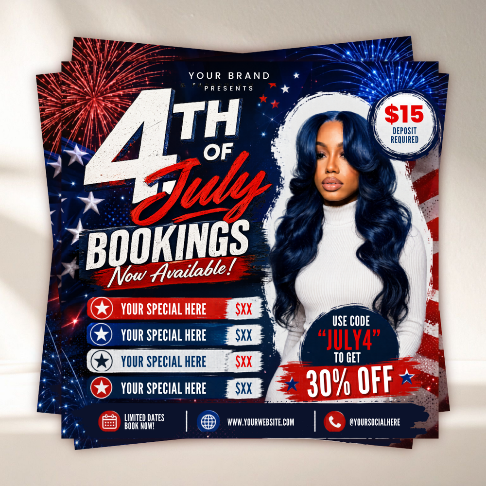 July Booking Flyer, July Bookings, 4th of July Booking Flyer, July Books Open, Appointment Flyer, Hair Nails Lashes Makeup, Book Now Flyer