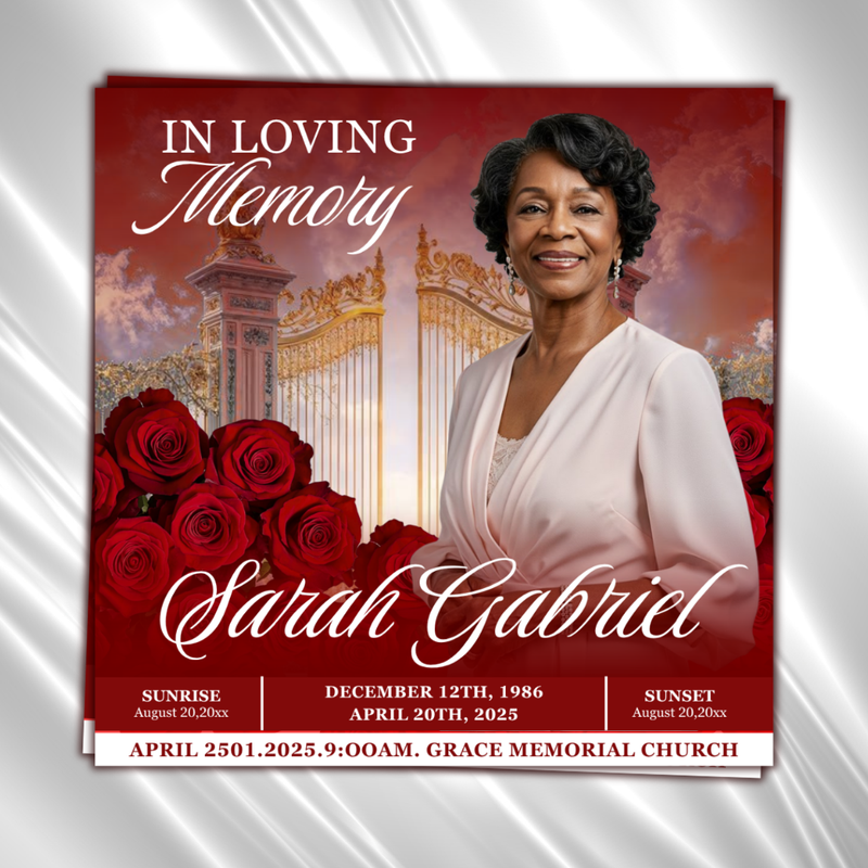 Red Roses Funeral Announcement Flyer: Celebration of Life Invitation (Canva Template, Digital Download, 8x8