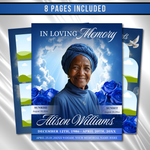 Blue Floral Funeral Program Template, 8-Page Memorial (Canva, PDF)