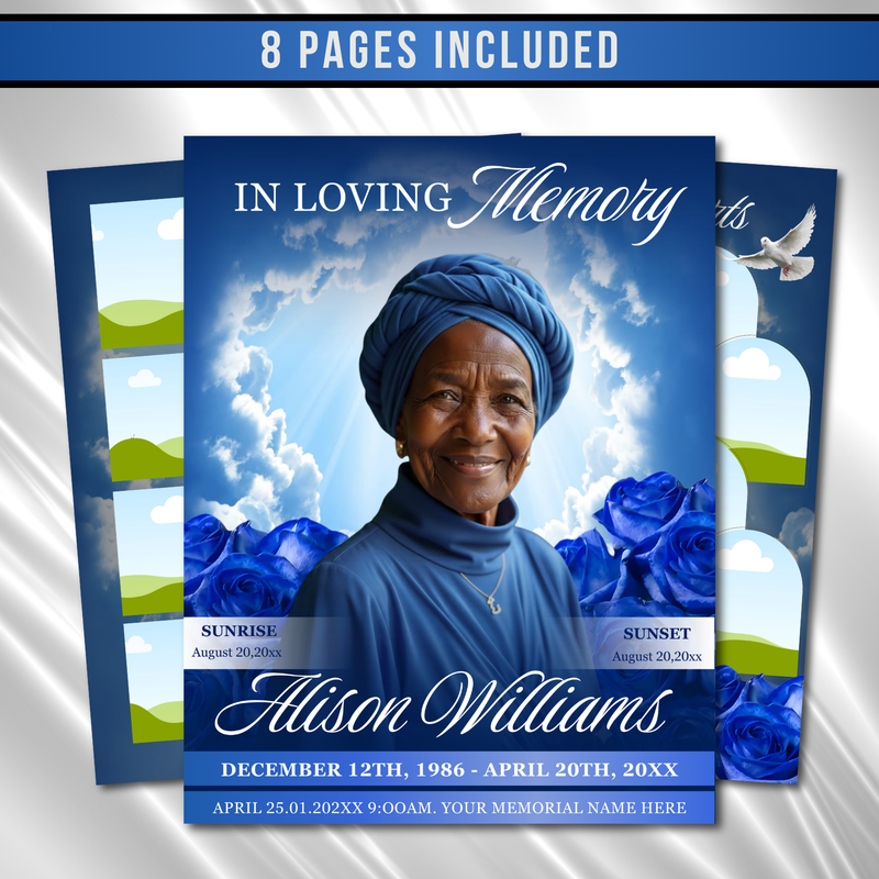 Blue Floral Funeral Program Template, 8-Page Memorial (Canva, PDF)