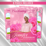 Pink Roses Funeral Program Template: Celebration of Life (Canva, 8 Pages, Digital Download)