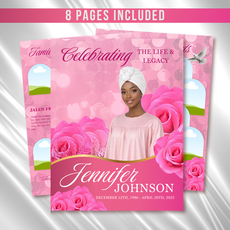 Pink Roses Funeral Program Template: Celebration of Life (Canva, 8 Pages, Digital Download)