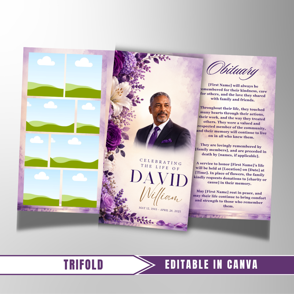Purple & White Roses Funeral Program Template: Trifold Memorial (Canva Template)