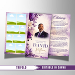 Purple & White Roses Funeral Program Template: Trifold Memorial (Canva Template)