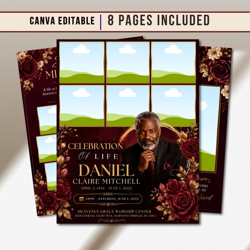 red & Gold Funeral Program Canva Template |8 Page Memorial Booklet