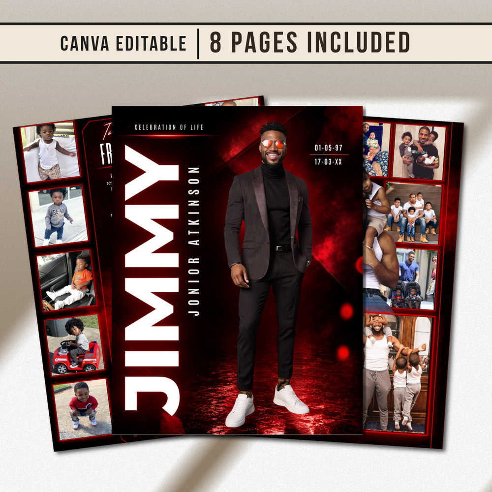 Red Funeral Program Canva Template | Red Theme | 8 Page Memorial Booklet
