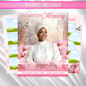 Pink & White Roses Funeral Program Template: 8-Page Memorial (Canva PDF)