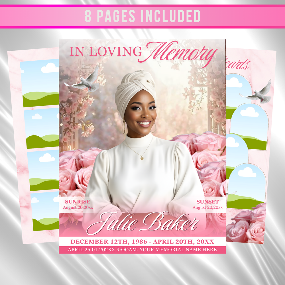 Pink & White Roses Funeral Program Template: 8-Page Memorial (Canva PDF)