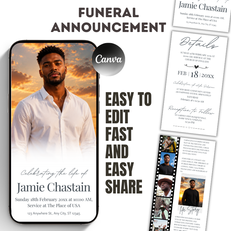 Memorial Announcement Canva Template | Editable Funeral Invitation | Celebration of Life with Photo