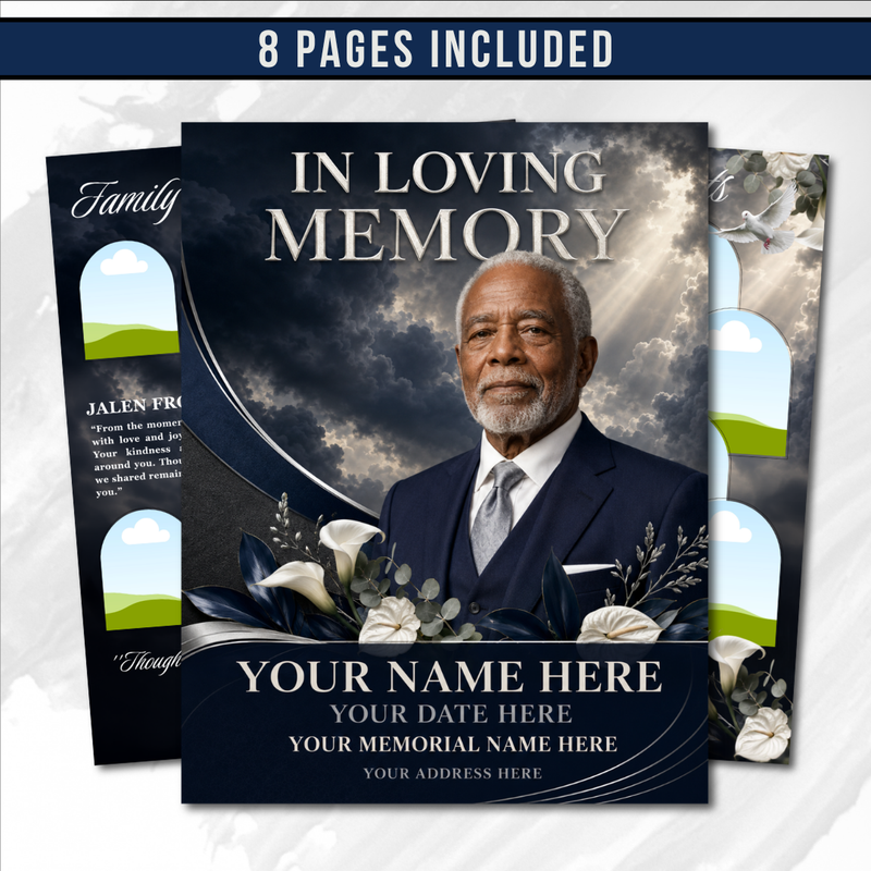 Grey Sky & White Lilies Funeral Program Template – 8-Page Canva Booklet