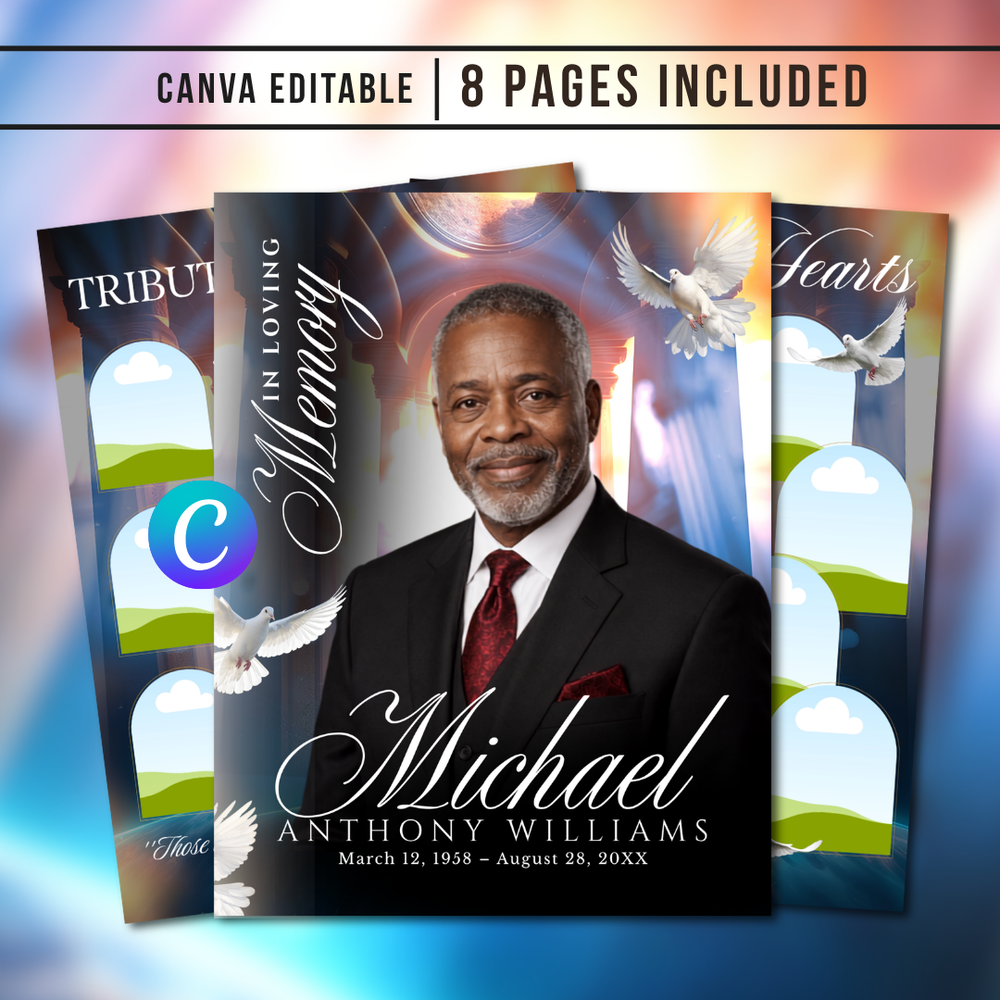 Funeral Program Canva Template | Heavenly Dove Memorial Theme | 8 Page Memorial Booklet