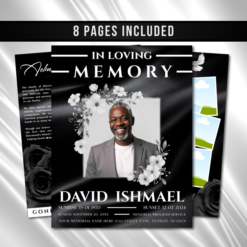 Black Roses Funeral Program Template: 8-Page Memorial, Celebration of Life (Canva Template, PDF Download)