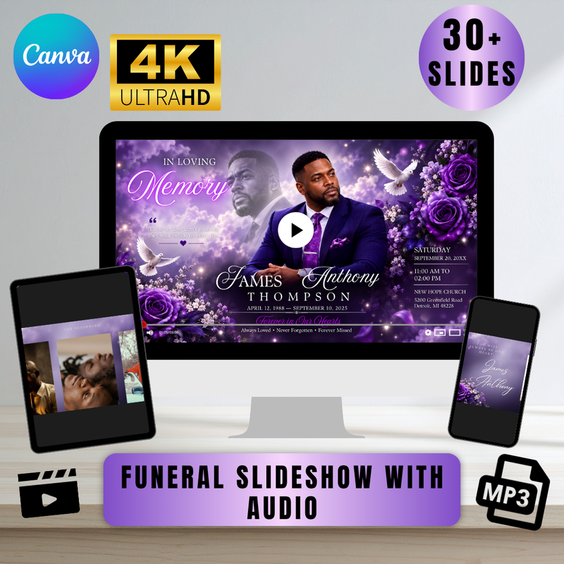 Purple Funeral Slideshow Template, Celebration of Life (Canva, 30 Slides, MP4)