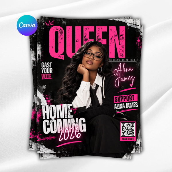 Homecoming Queen campaign flyer – black & pink glitter, photo with crown title, editable Canva template