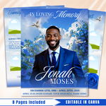 Blue Funeral Program Template: 8-Page Memorial, Celebration of Life (Canva, PDF Download)