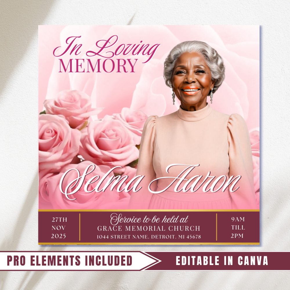 Pink Funeral Announcement Flyer: Editable Canva Template (Digital Download)