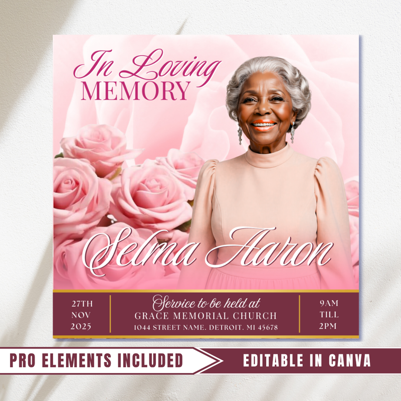 Pink Funeral Announcement Flyer: Editable Canva Template (Digital Download)