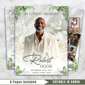 White & Green Funeral Program Template: Roses Design, Celebration of Life (Canva, PDF Download)