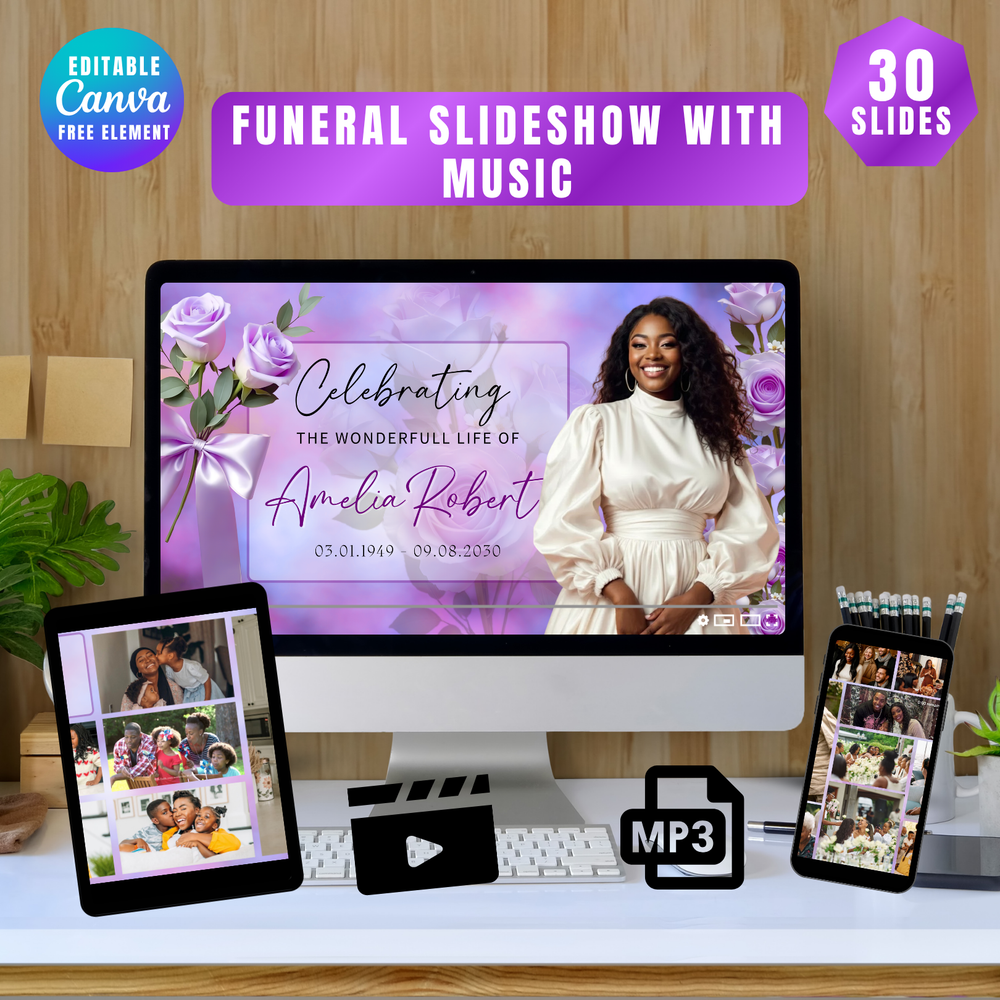 Purple Rose Funeral Slideshow Template, Celebration of Life (Canva, 30 Slides, MP4)