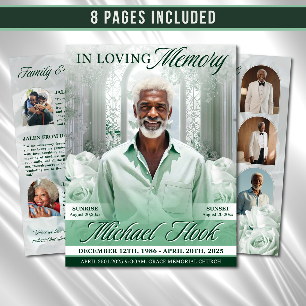 Greenish Cyan & White Roses Funeral Program Template: 8-Page Memorial (Canva PDF)