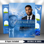Light Blue Sky & Roses Funeral Program – 8-page Canva template, cover preview