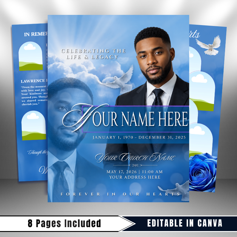 Light Blue Sky & Roses Funeral Program Template – 8-Page Canva Booklet